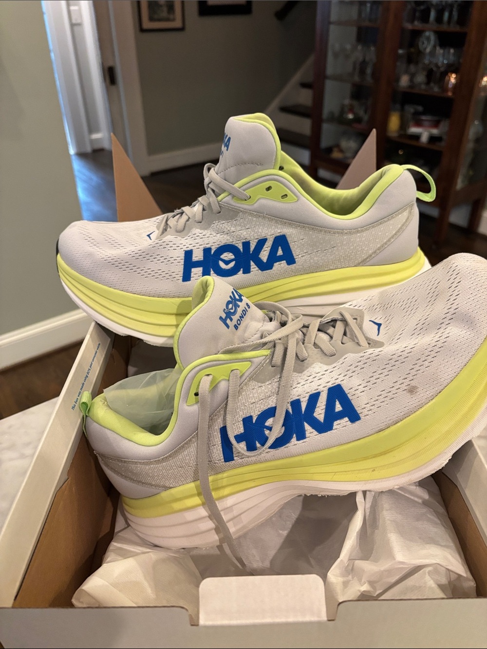 Hoka Bondi 8 Running Shoes in White and Lime - Picture 3 of 7